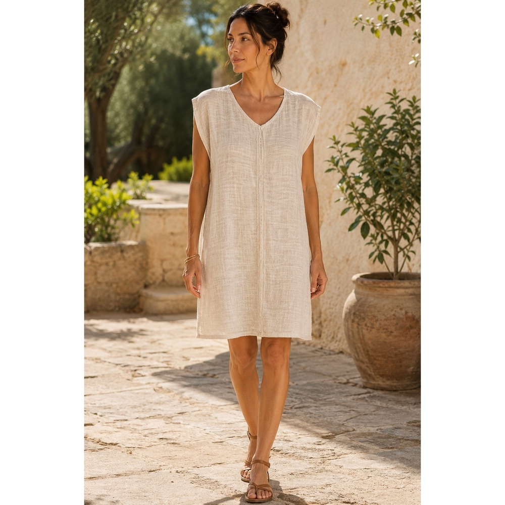 FLAX Knit Linen Cotton Dress Womens Small Beige Gauzy Tunic Knee Length NWOT